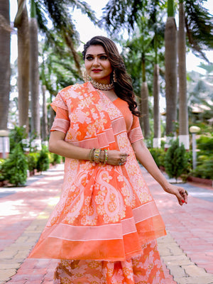 Rajwada Orange Cotton Blend Woven Saree With Unstitched Blouse For Women