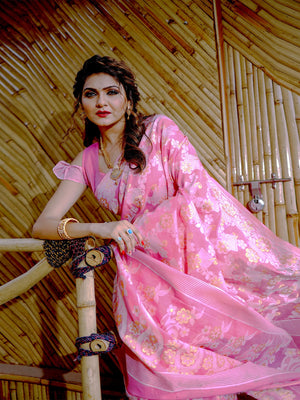 Rajwada Pink Cotton Blend Woven Saree With Unstitched Blouse For Women