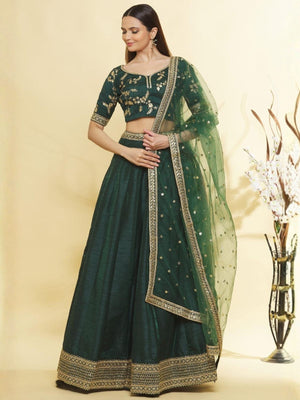 Rajwada Dark Green Silk Embellished Lehenga For Women