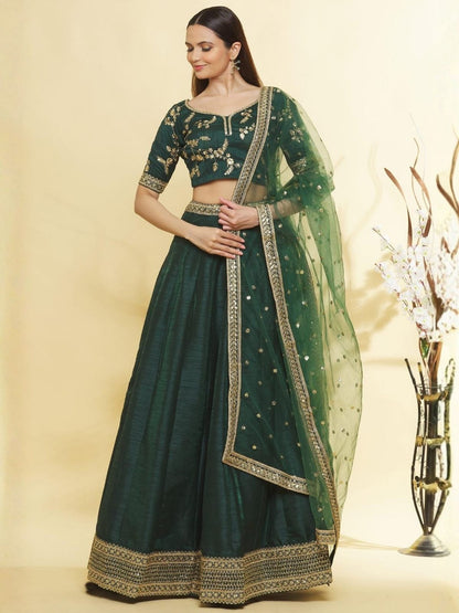 Rajwada Dark Green Silk Embellished Lehenga For Women
