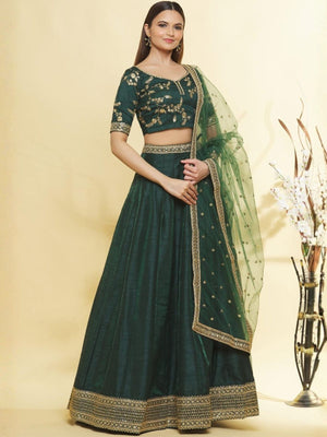 Rajwada Dark Green Silk Embellished Lehenga For Women