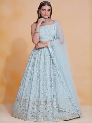 Rajwada Sky Blue Georgette Embellished Lehenga For Women