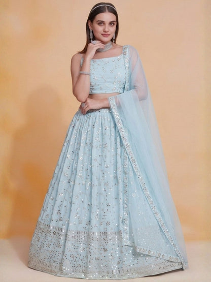 Rajwada Sky Blue Georgette Embellished Lehenga For Women