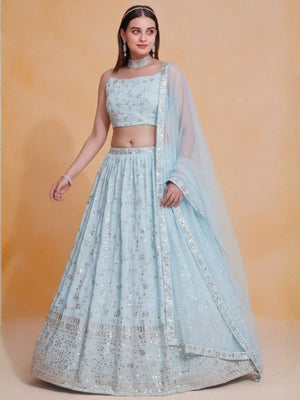 Rajwada Sky Blue Georgette Embellished Lehenga For Women