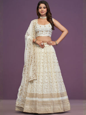 Rajwada Off White Georgette Embellished Lehenga For Women