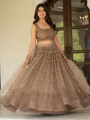 Rajwada Beige Georgette Embellished Lehenga For Women