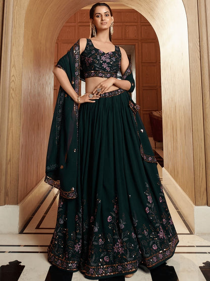 Rajwada Deep Green Georgette Embellished Lehenga For Women