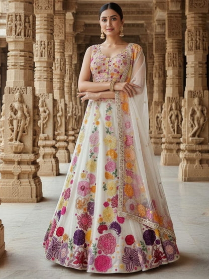 Rajwada Off White Chinon Embroidered Lehenga For Women