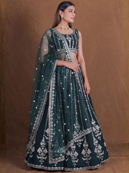 Rajwada Dark Green Georgette Embellished Lehenga For Women