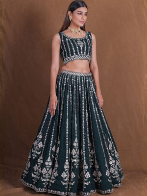 Rajwada Dark Green Georgette Embellished Lehenga For Women