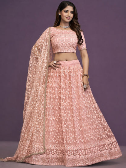Rajwada Peach Net Embellished Lehenga For Women