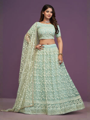 Rajwada Pista Green Net Embellished Lehenga For Women