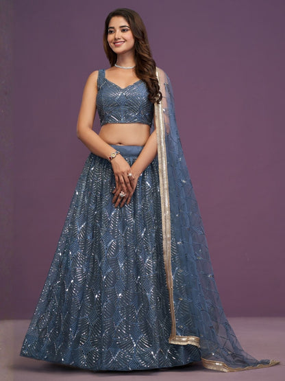 Rajwada Dusty Blue Net Embellished Lehenga For Women