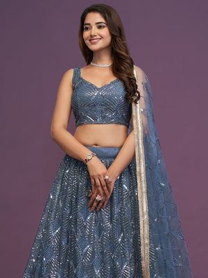 Rajwada Dusty Blue Net Embellished Lehenga For Women