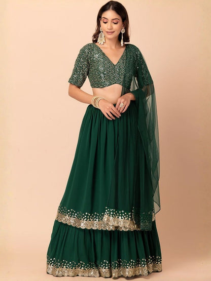 Rajwada Dark Green Georgette Embellished Lehenga For Women