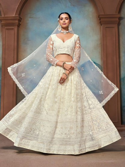 Rajwada Off White Net Embellished Lehenga For Women
