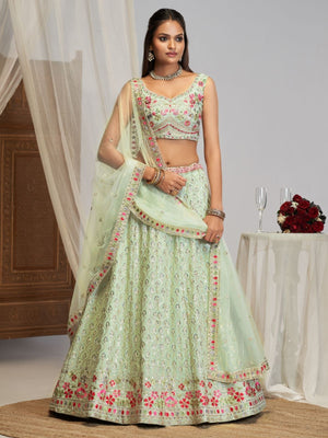 Rajwada Pista Green Georgette Embellished Lehenga For Women
