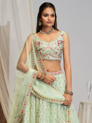 Rajwada Pista Green Georgette Embellished Lehenga For Women