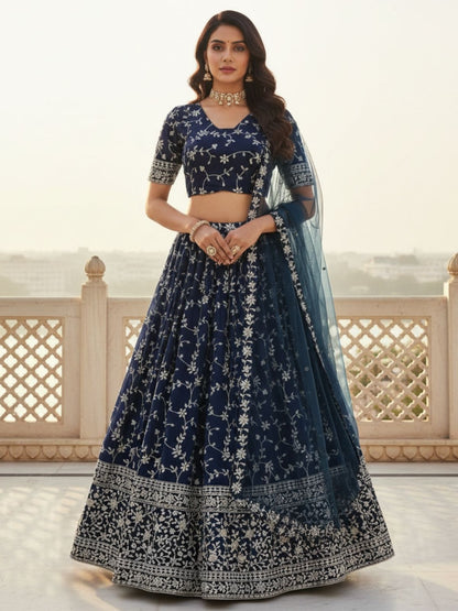 Rajwada Navy Blue Georgette Embellished Lehenga For Women