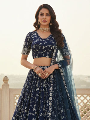 Rajwada Navy Blue Georgette Embellished Lehenga For Women