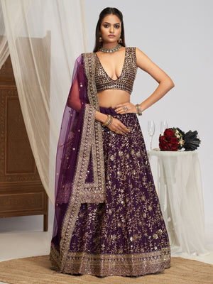 Rajwada Dark Purple Georgette Embellished Lehenga For Women