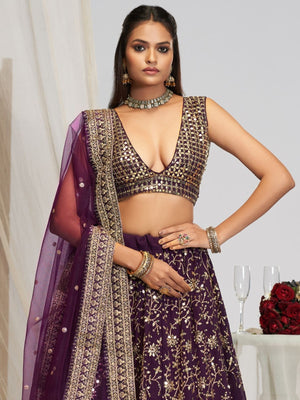 Rajwada Dark Purple Georgette Embellished Lehenga For Women