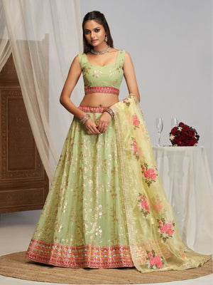 Rajwada Pista Green Georgette Embellished Lehenga For Women
