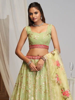 Rajwada Pista Green Georgette Embellished Lehenga For Women