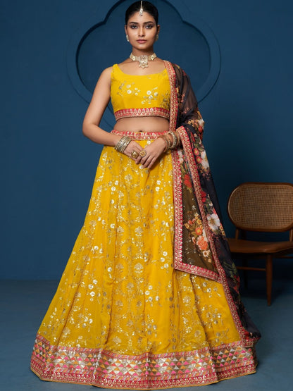 Rajwada Mustard Yellow Georgette Embellished Lehenga For Women