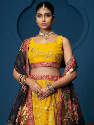 Rajwada Mustard Yellow Georgette Embellished Lehenga For Women