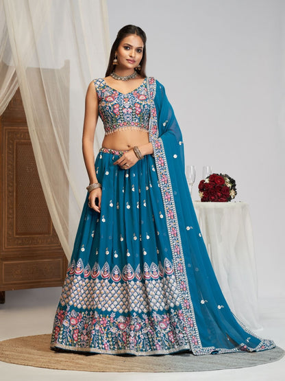 Rajwada Teal Blue Georgette Embellished Lehenga For Women