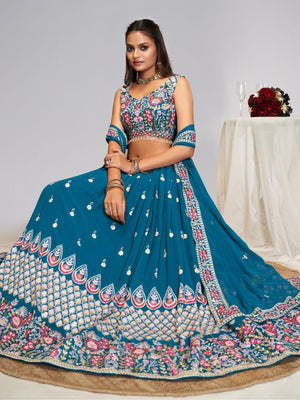 Rajwada Teal Blue Georgette Embellished Lehenga For Women