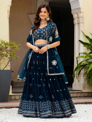 Rajwada Navy Blue Georgette Embellished Lehenga For Women