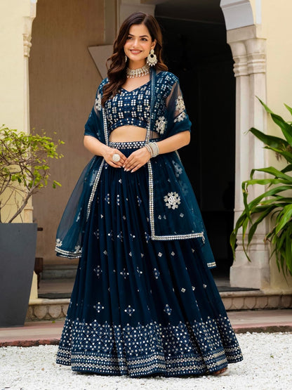 Rajwada Navy Blue Georgette Embellished Lehenga For Women