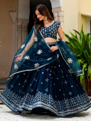 Rajwada Navy Blue Georgette Embellished Lehenga For Women