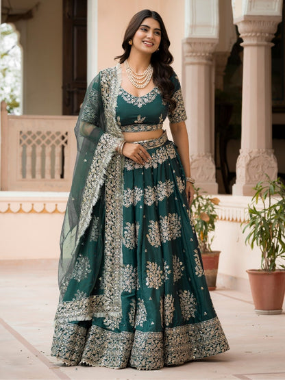 Rajwada Dark Green Crepe Embellished Lehenga For Women