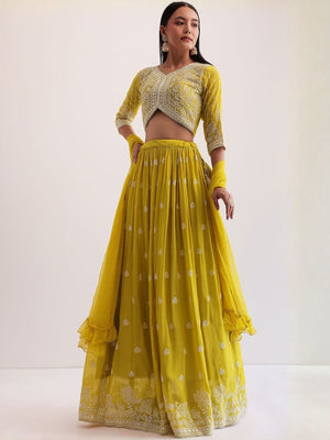 Rajwada Lime Yellow Georgette Embellished Lehenga For Women