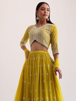 Rajwada Lime Yellow Georgette Embellished Lehenga For Women