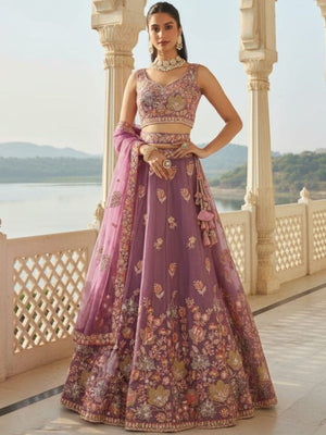 Rajwada Dusty Lavender Silk Blend Embellished Lehenga For Women