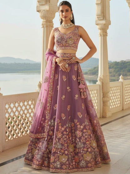 Rajwada Dusty Lavender Silk Blend Embellished Lehenga For Women