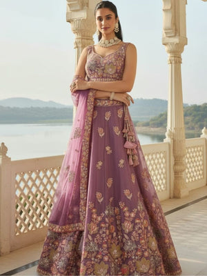 Rajwada Dusty Lavender Silk Blend Embellished Lehenga For Women