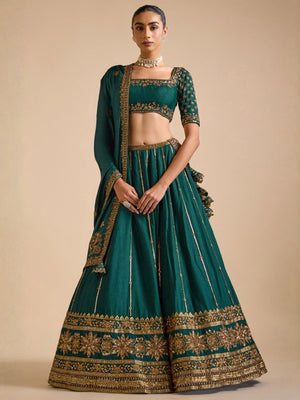 Rajwada Teal Green Silk Blend Embellished Lehenga For Women