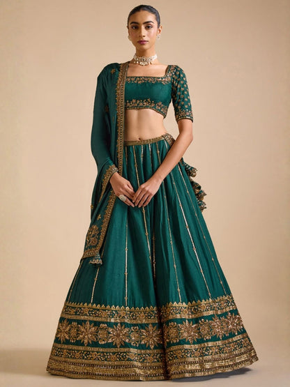 Rajwada Teal Green Silk Blend Embellished Lehenga For Women