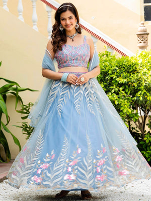 Rajwada Sky Blue Net Embellished Lehenga For Women