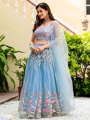Rajwada Sky Blue Net Embellished Lehenga For Women