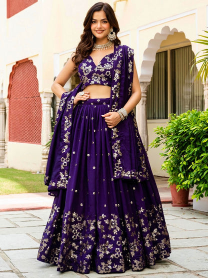 Rajwada Dark Violet Silk Blend Embellished Lehenga For Women