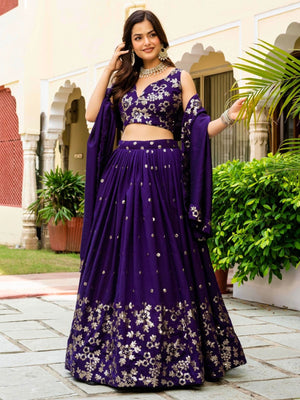 Rajwada Dark Violet Silk Blend Embellished Lehenga For Women