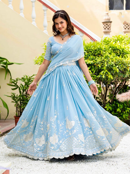 Rajwada Sky Blue Georgette Embellished Lehenga For Women