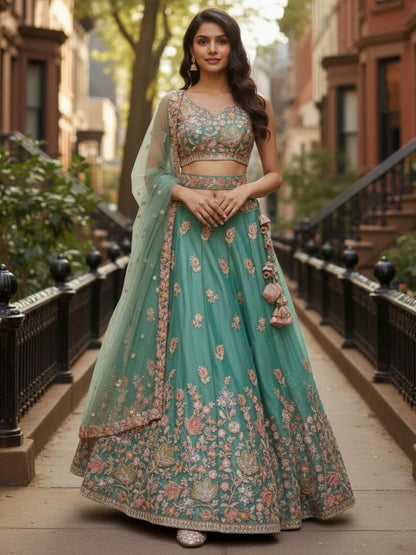 Rajwada Sea Green Silk Blend Embellished Lehenga For Women