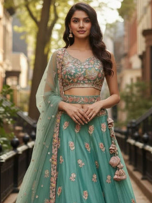Rajwada Sea Green Silk Blend Embellished Lehenga For Women
